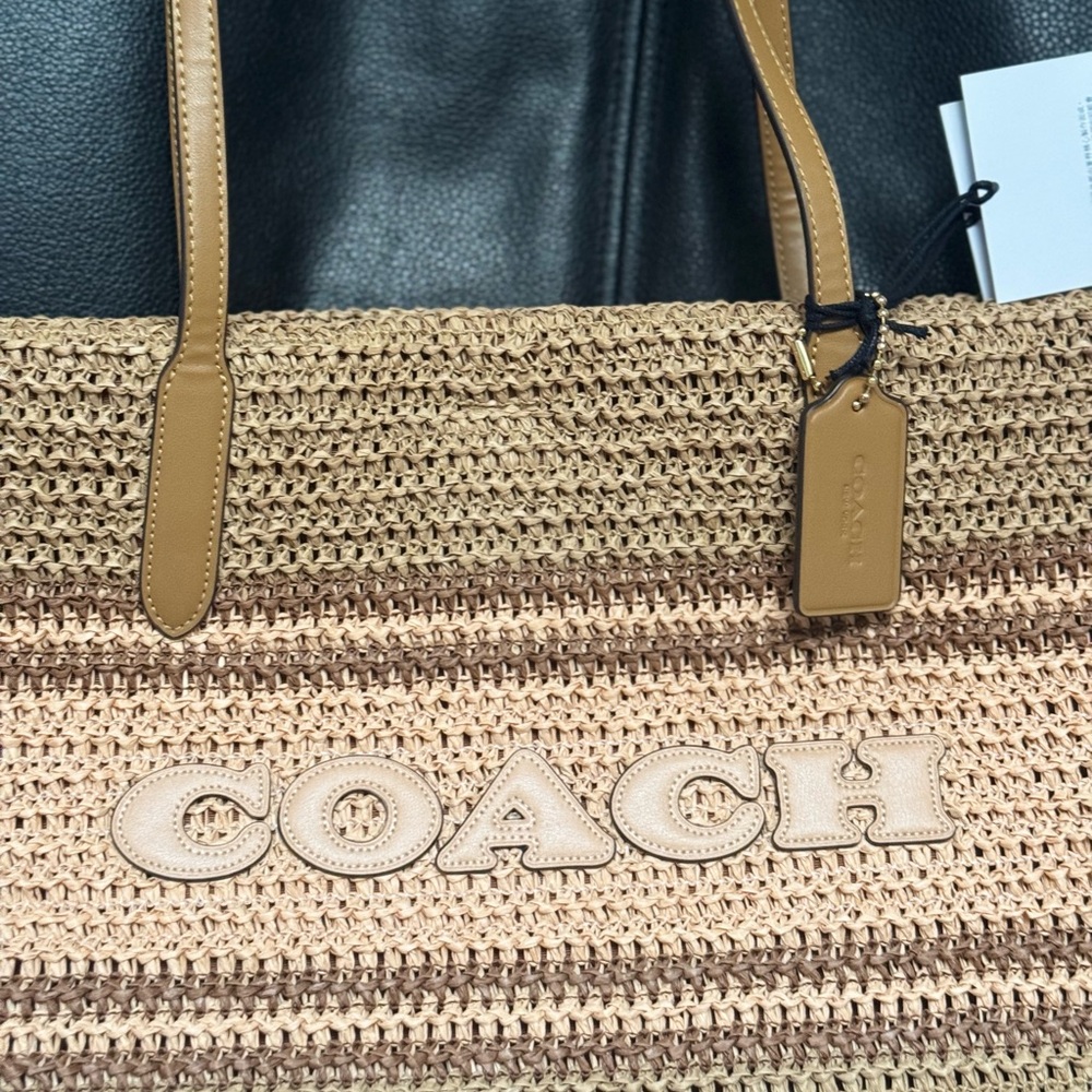 NWT COACH Straw and smooth leather City Tote Bag CBG87 Im/Honey Brown Multi - Picture 9 of 11